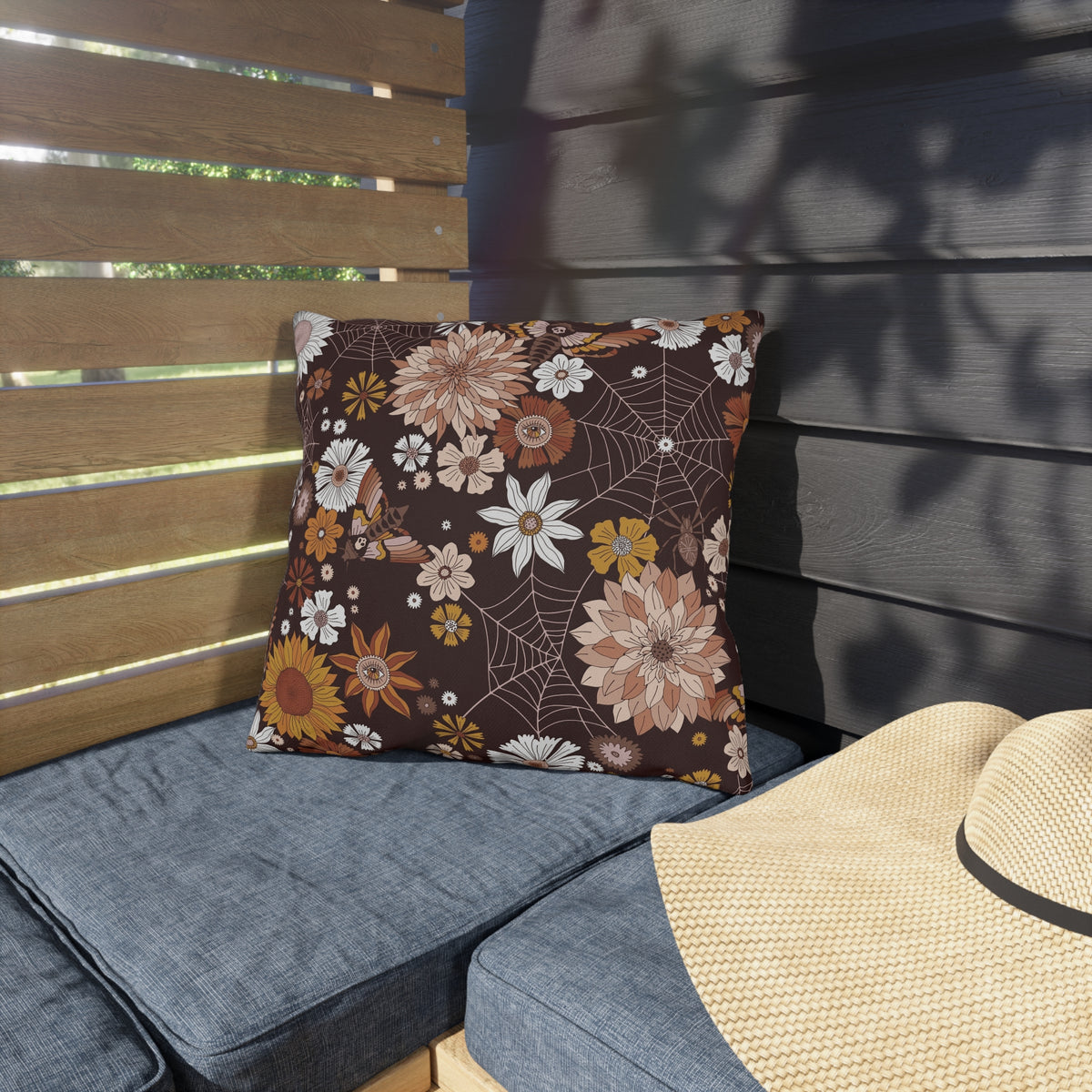 Outdoor Pillow — Brown Floral & Spiderweb Fall Decorative Cushion