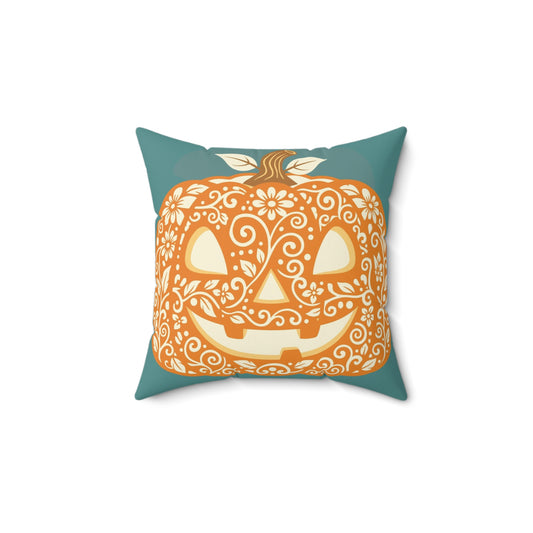 Square decorative pillow with teal backing and orange floral sugar skull pumpkin face art