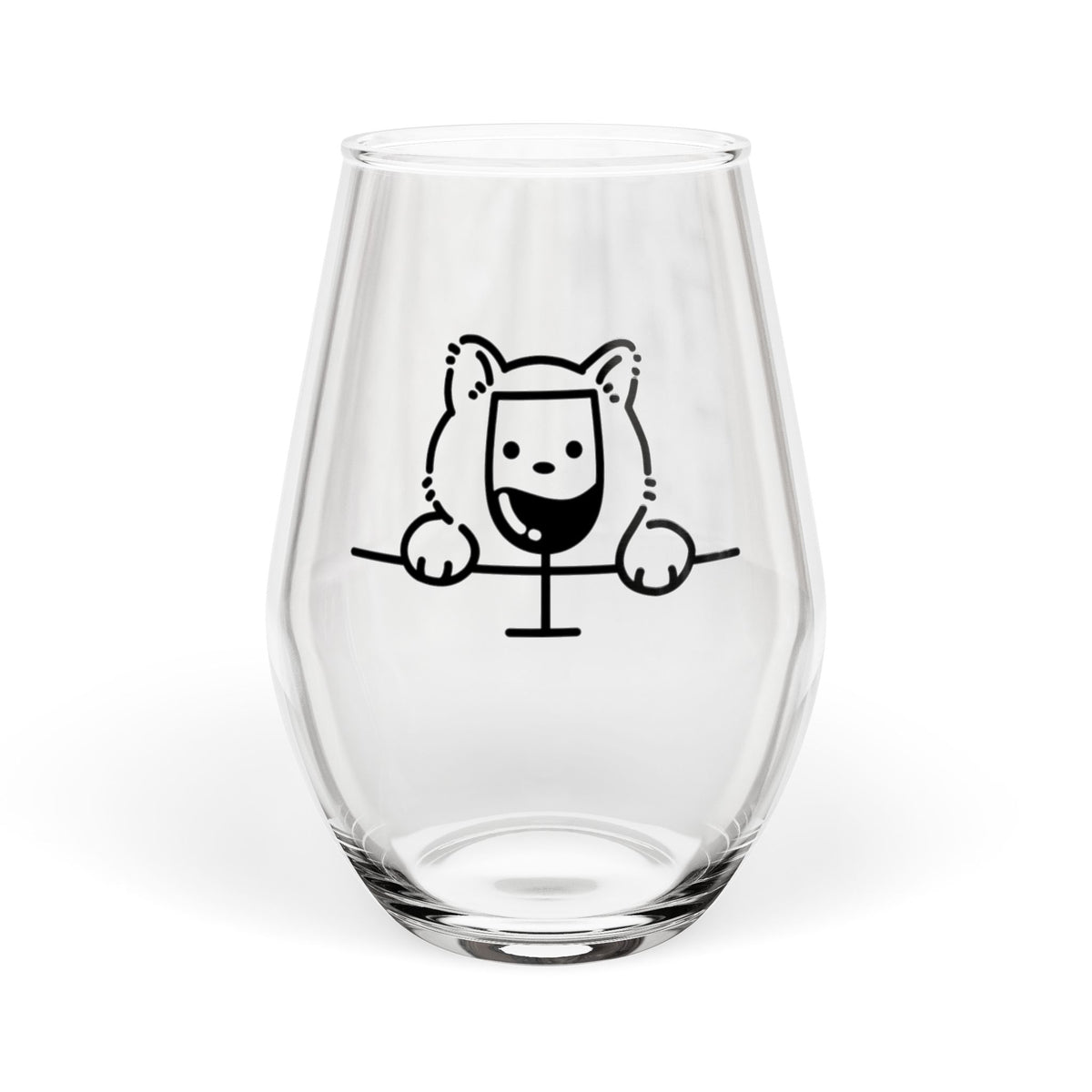 Clear stemless wine glass with black cat peek and wine goblet illustration, front view