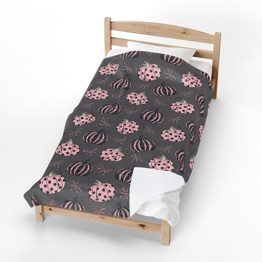Pink and Black Polka Dot Pumpkins Velveteen Blanket | Fall Pumpkin Pattern
