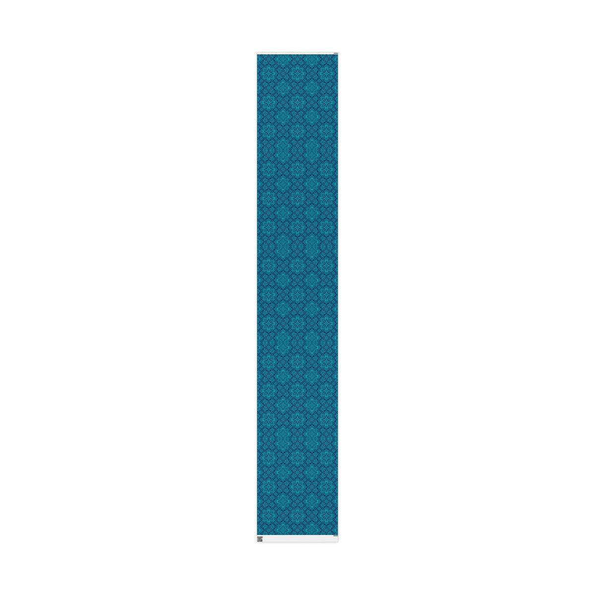 Teal wrapping paper panel featuring repeating geometric Moroccan tile pattern
