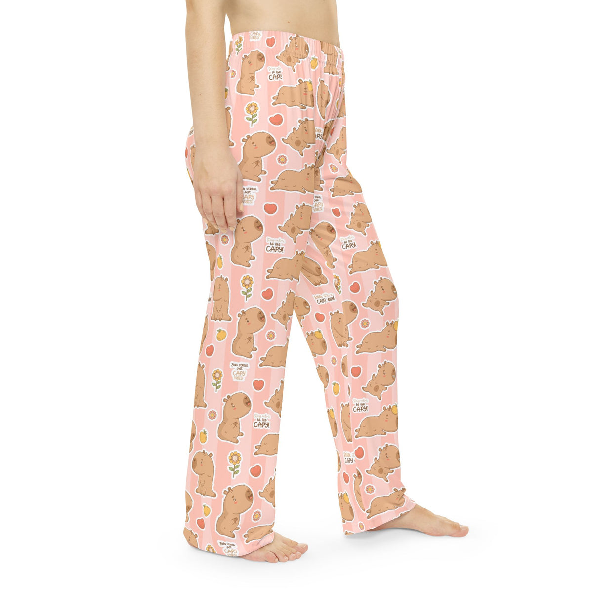 Women's pajama pants, peach-pink capybara pattern, roomy straight-leg style