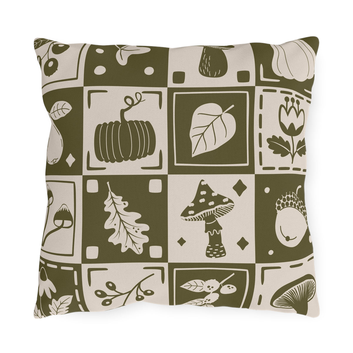 Autumn Botanicals Outdoor Pillow | Pumpkin Leaf Mushroom Acorn Pattern