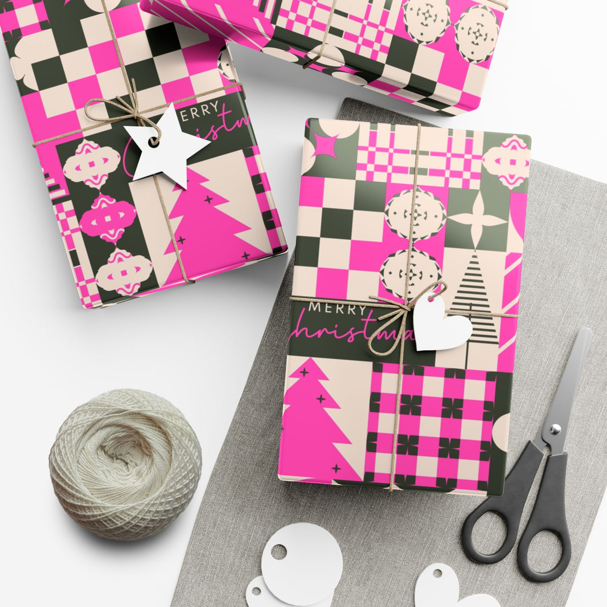 Christmas gift wrap paper bundle: pink and black plaid with trees, circles, and Merry Christmas