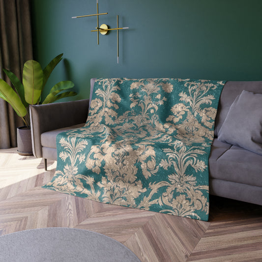 Crushed Velvet Blanket — Teal Damask Throw for Living Room, Luxurious Vintage-Style Home Decor