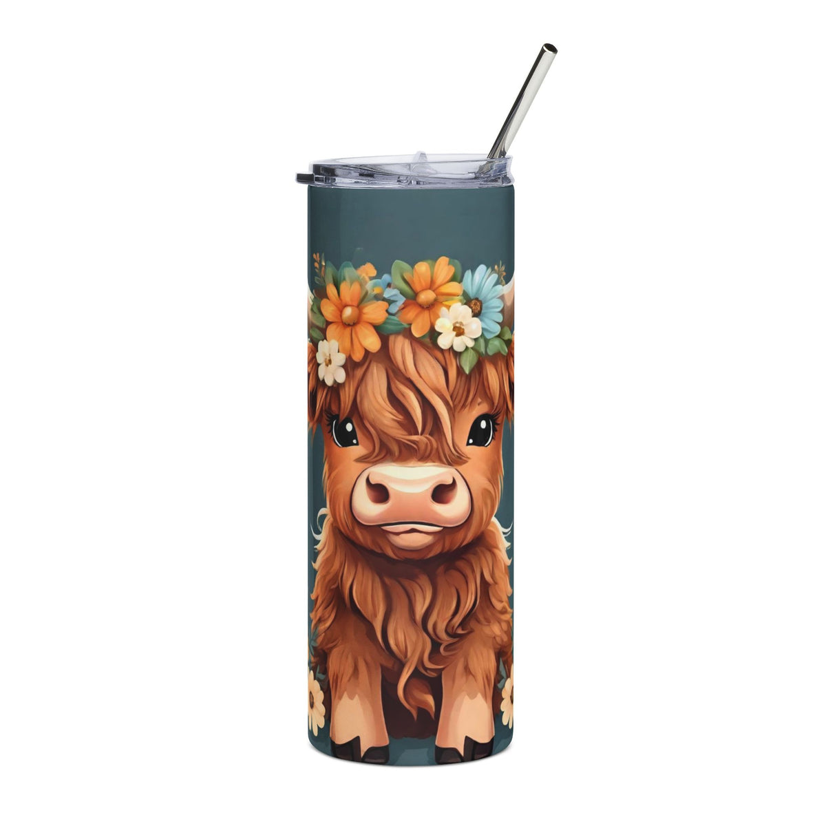 20oz Highland Cow Floral Tumbler — Stainless Steel Travel Cup