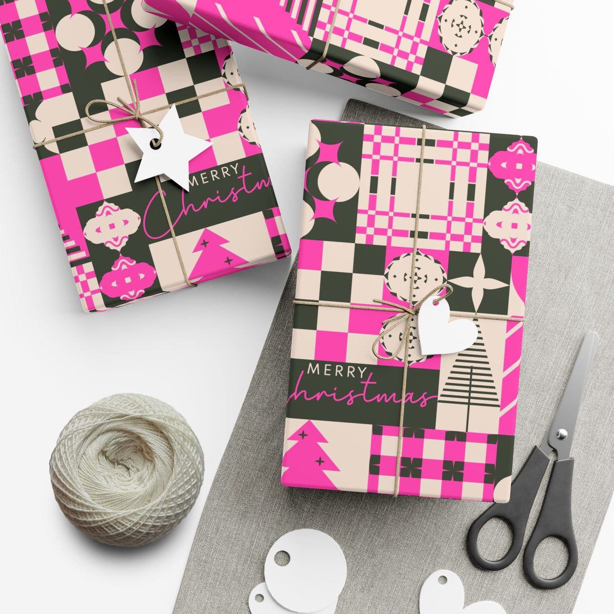 Christmas gift wrap paper set with pink patchwork plaid patterns and tags