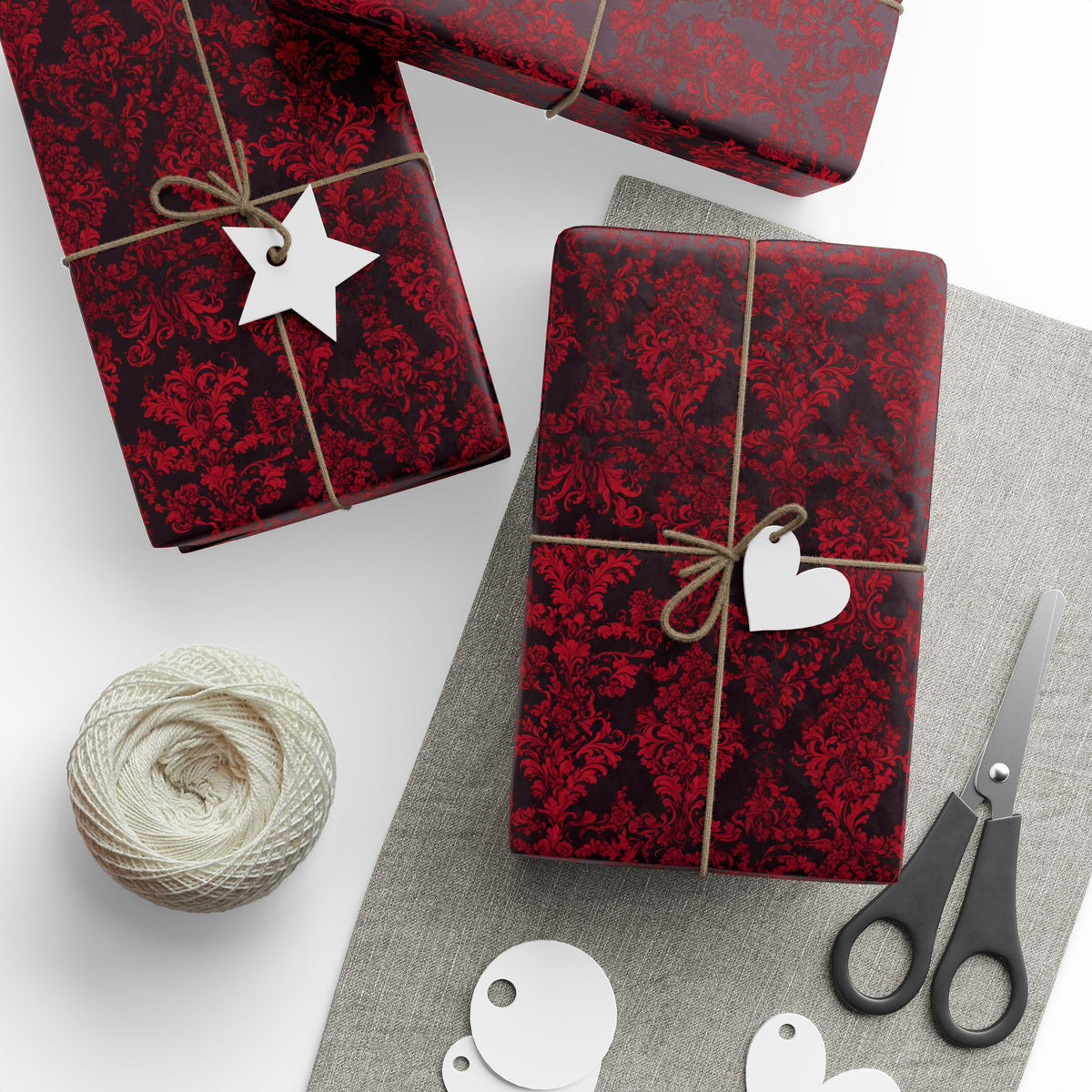 Red Damask Wrapping Paper Roll — Elegant Burgundy Floral Gift Wrap for Weddings & Holidays