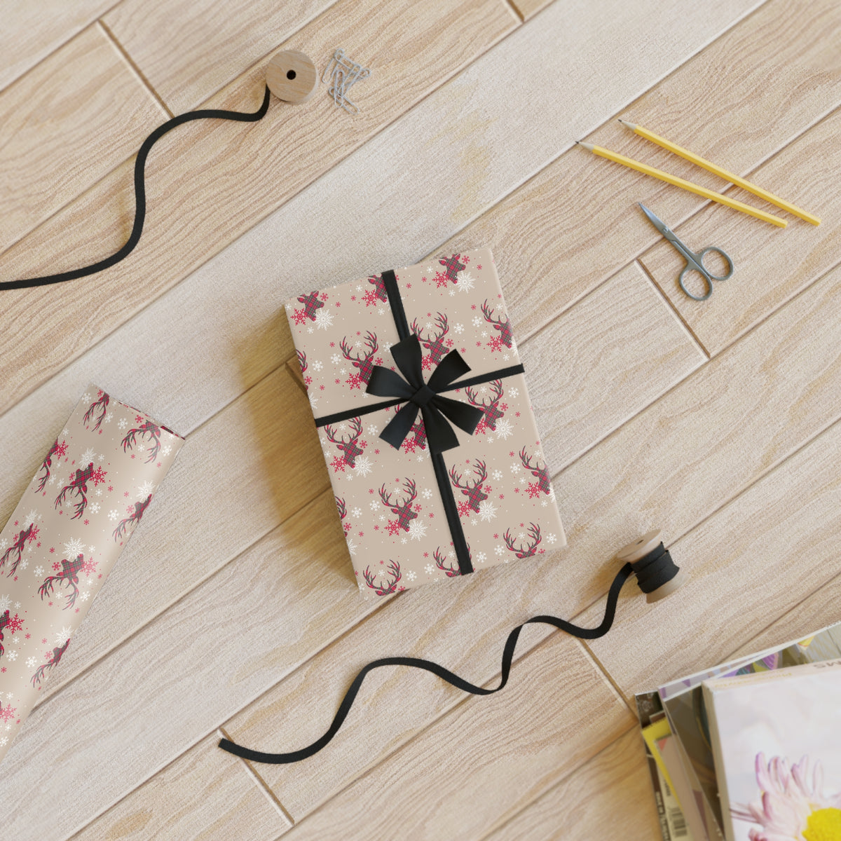 Reindeer Pattern Gift Wrapping Paper Roll — Vintage Beige Christmas Wrap