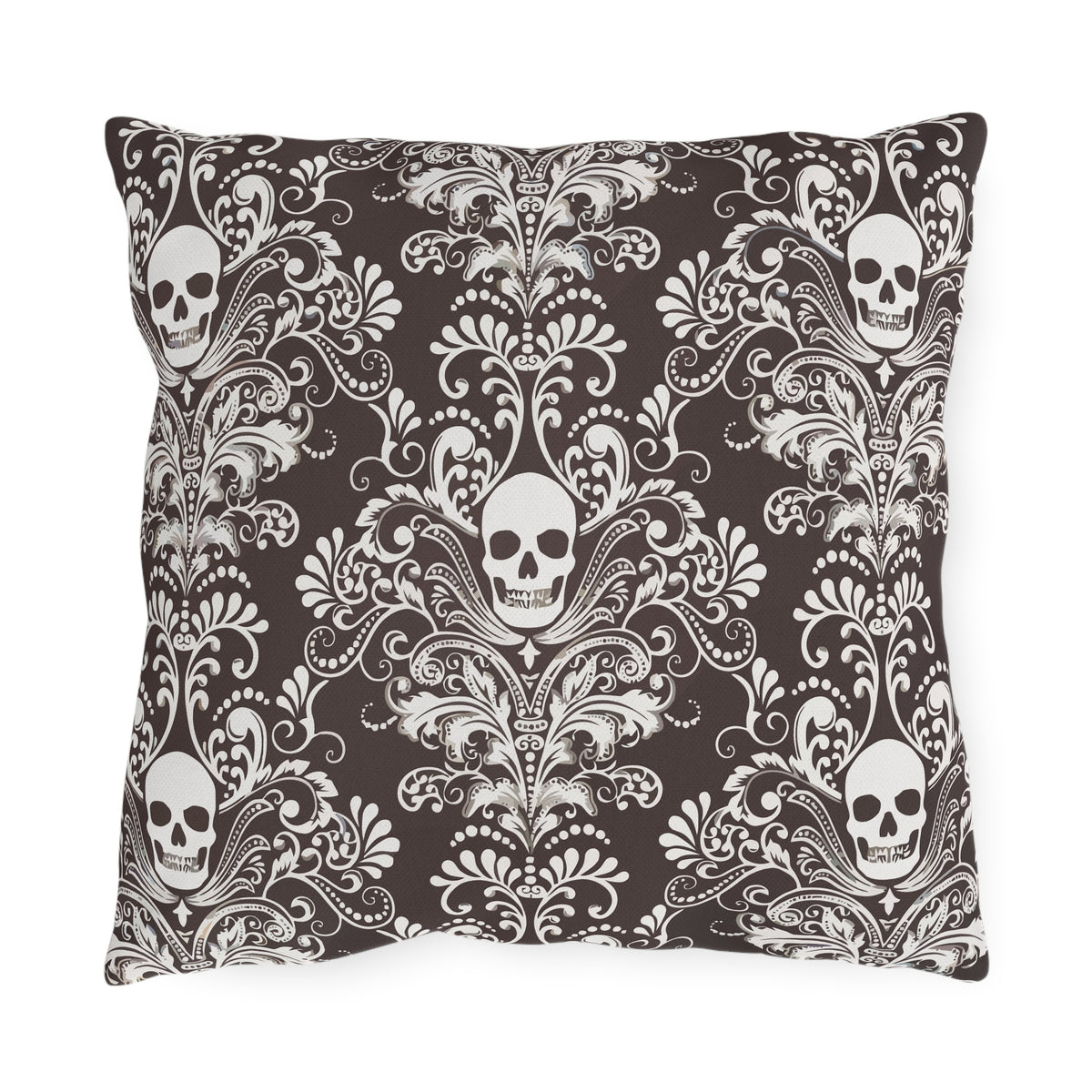 Brown Skull Damask Outdoor Pillows | Gothic Pattern Throw Pillow
