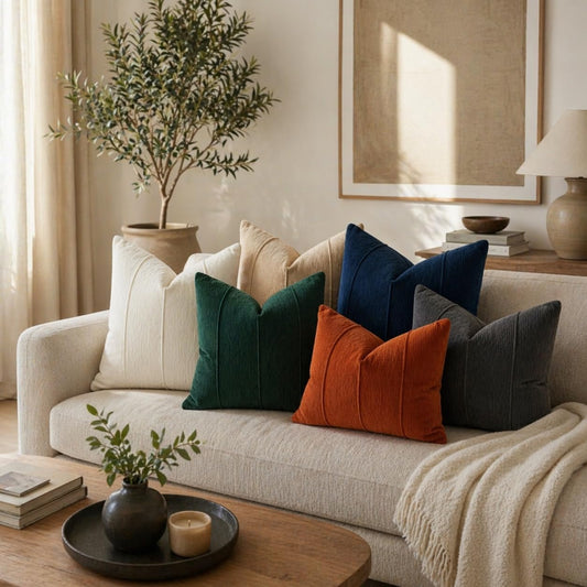 Textured corded ribbed lumbar throw pillow, dark green accent on sofa