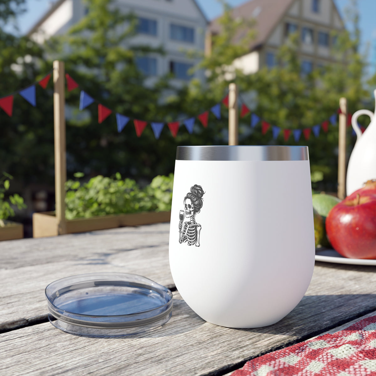 White 12oz tumbler with skeleton holding wine glass graphic, open lid