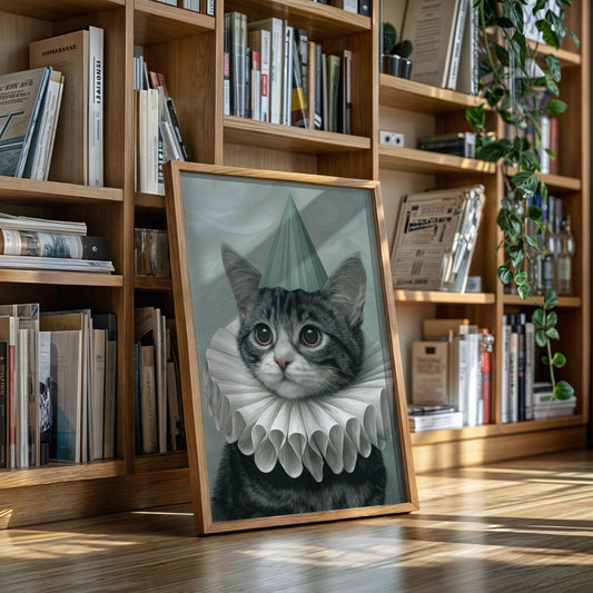Framed cat artwork tilted on floor: gray tabby cat with teal party hat and white ruff.