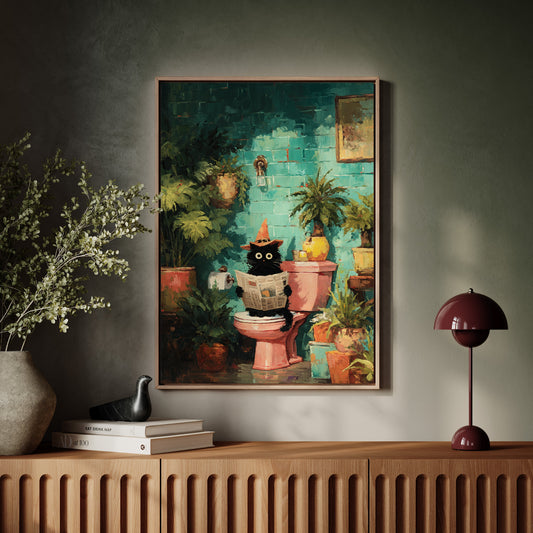 Framed cat reading newspaper artwork with colorful potted plants and teal brick background