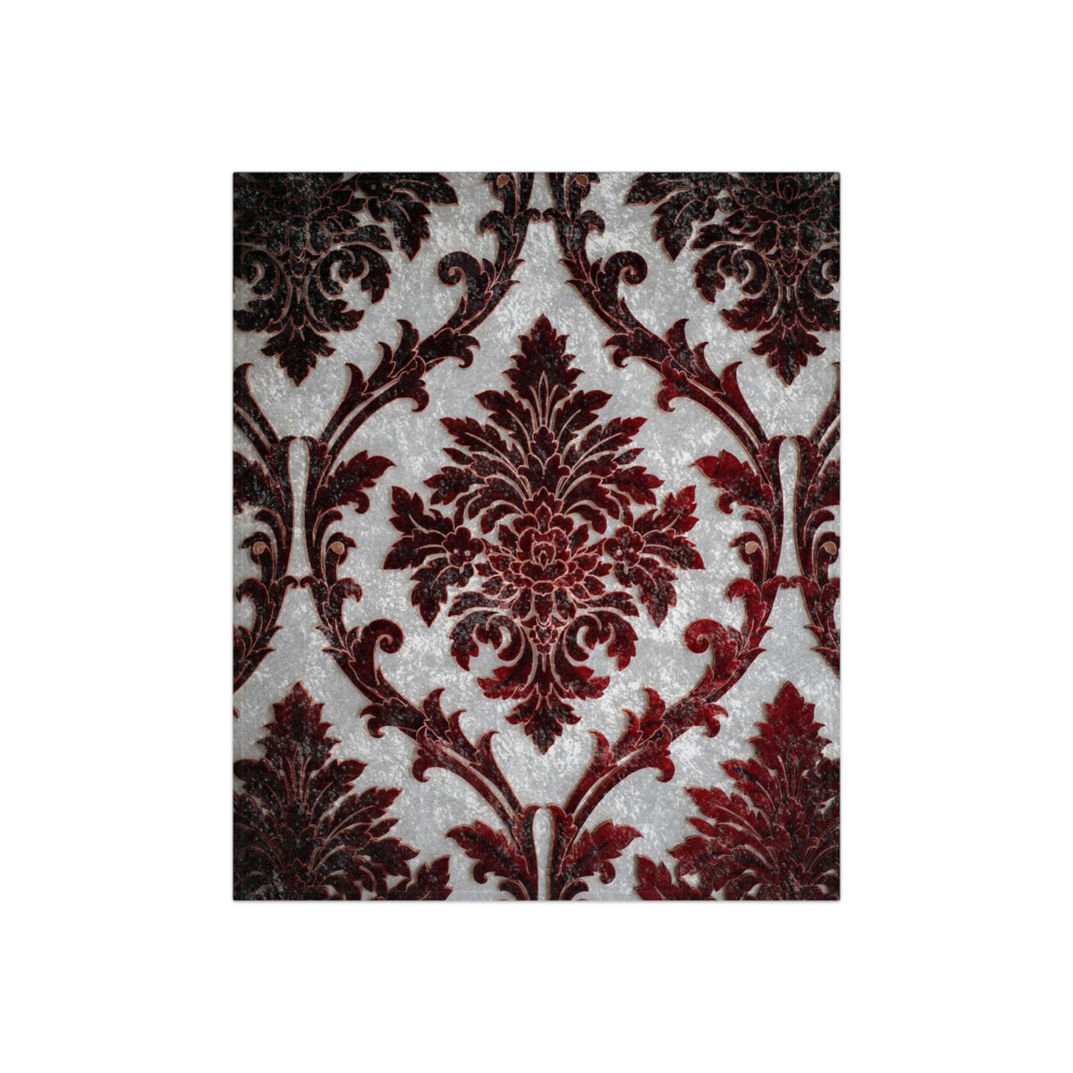 Ivory damask throw blanket swatch with dark red symmetrical damask scroll pattern