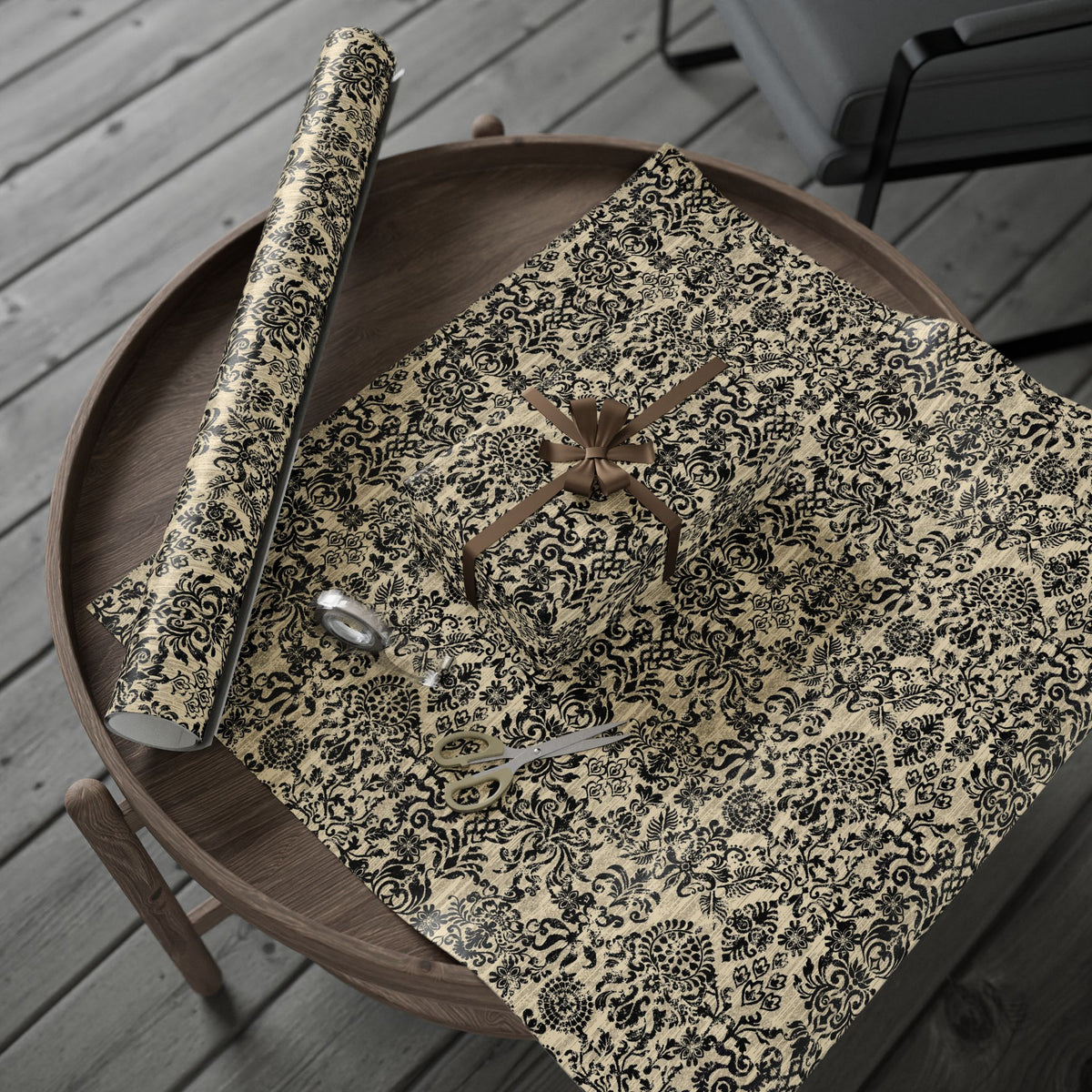 Damask Gift Wrapping Paper Roll — Vintage Black & Cream Floral Pattern