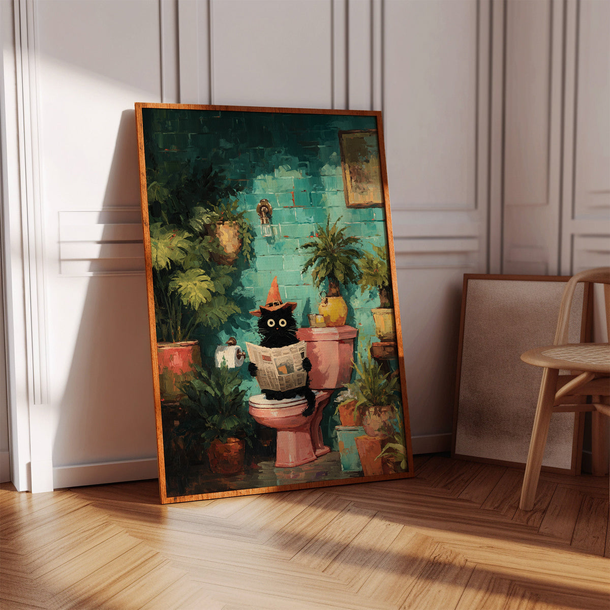 Framed cat reading newspaper wall art with potted plants and teal background