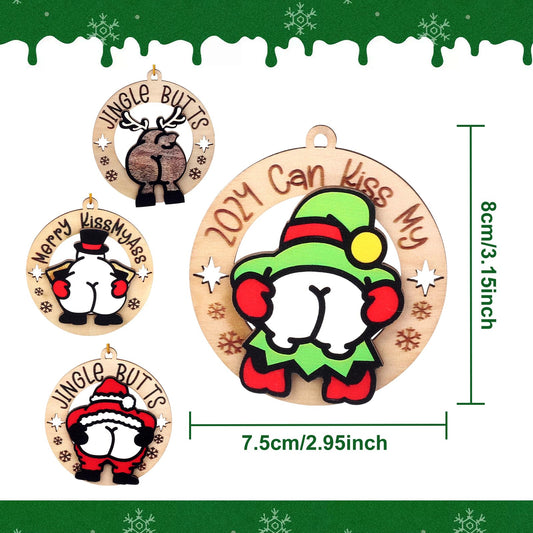 Christmas wooden ornament set of 4 round designs with animal faces and text