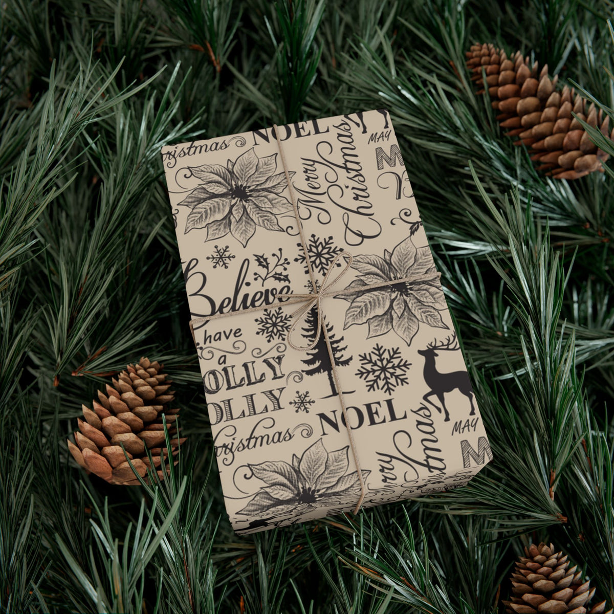 Vintage Christmas typography gift wrap paper wrapped gift, beige with black Noel and holly design
