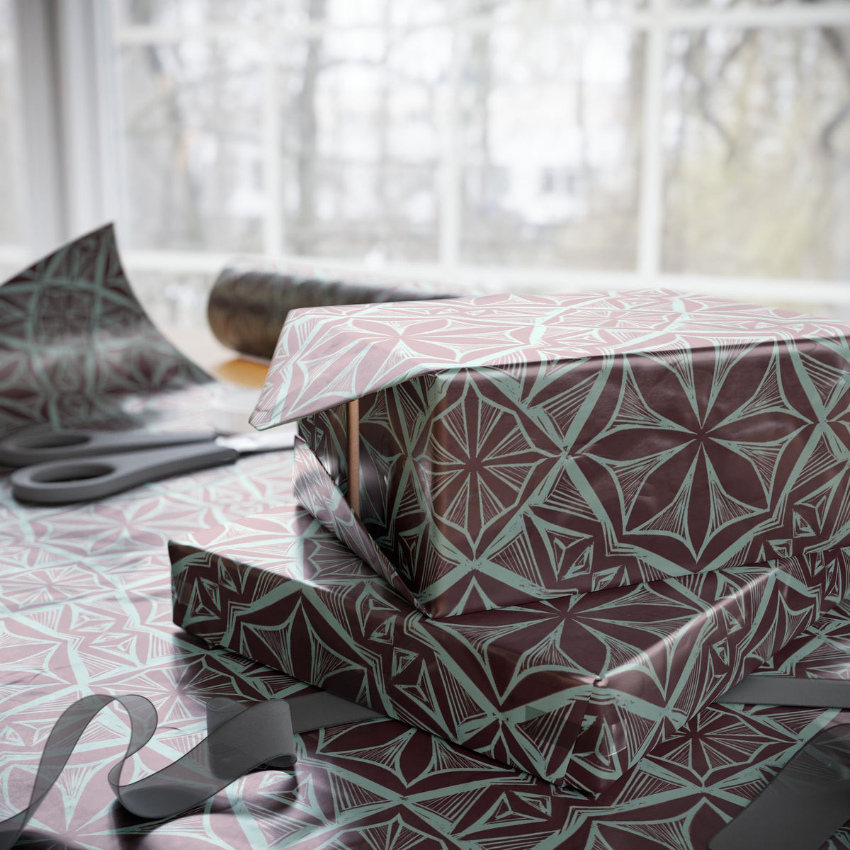Geometric Starburst Pattern Wrapping Paper | Burgundy Teal Gift Wrap