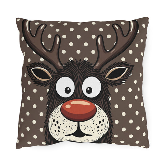 Reindeer face outdoor pillow, brown with white polka dots and bold antler outline