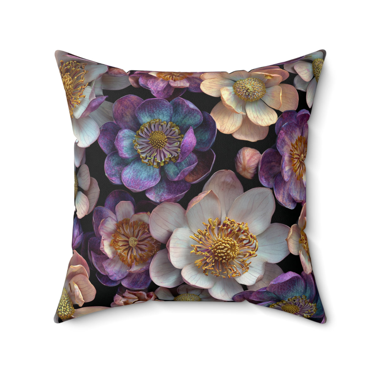 Square floral cushion front view, dark base with purple blooms, white petals, gold accents