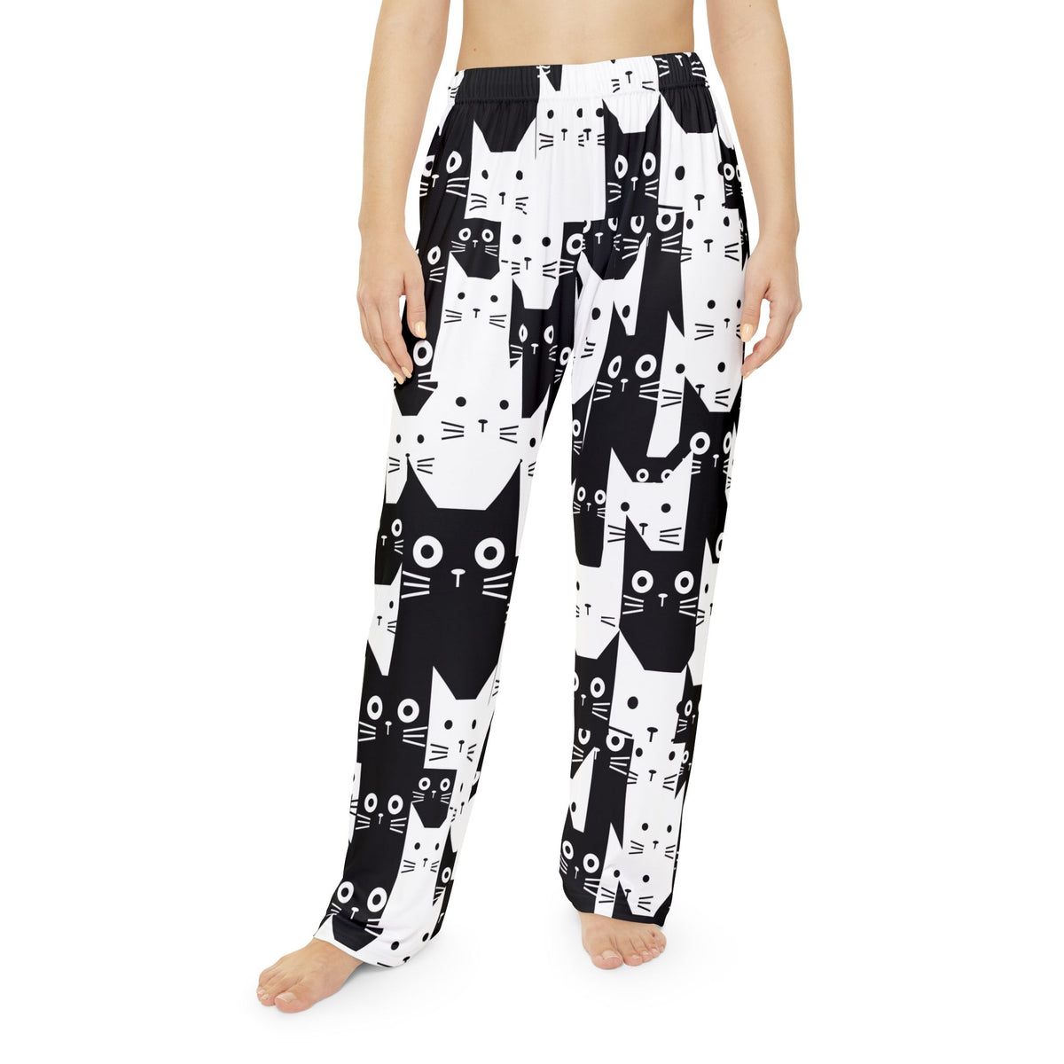 Fun Black and White Cat Print Women's Pajama Pants, Cute Sleepwear