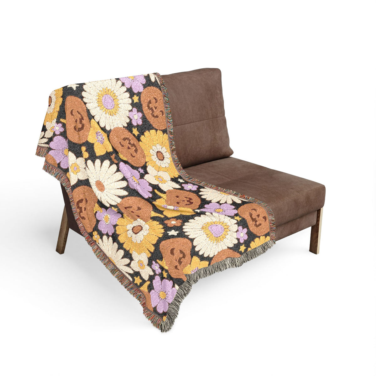 Retro Floral Pumpkin Pattern Woven Blanket | Autumn Daisy Throw