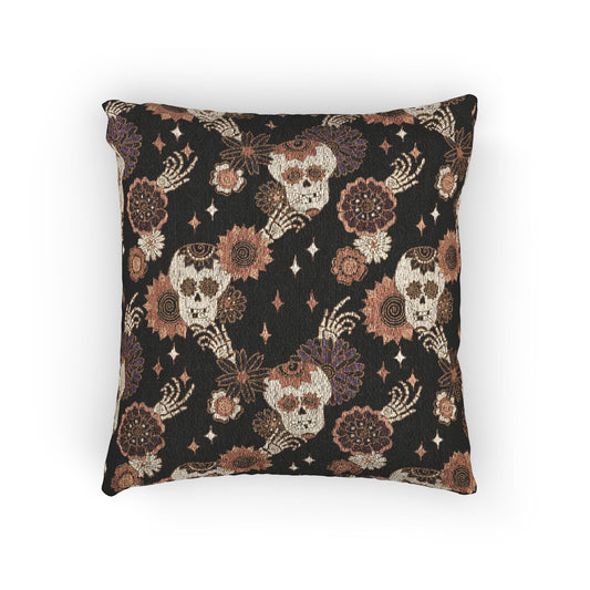 Square woven throw pillow with dark skull floral and star motif