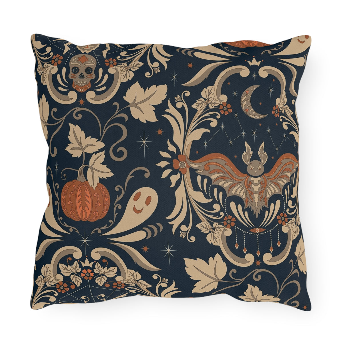Halloween Floral Outdoor Pillow – Vintage Bat, Pumpkin & Ghost Pattern