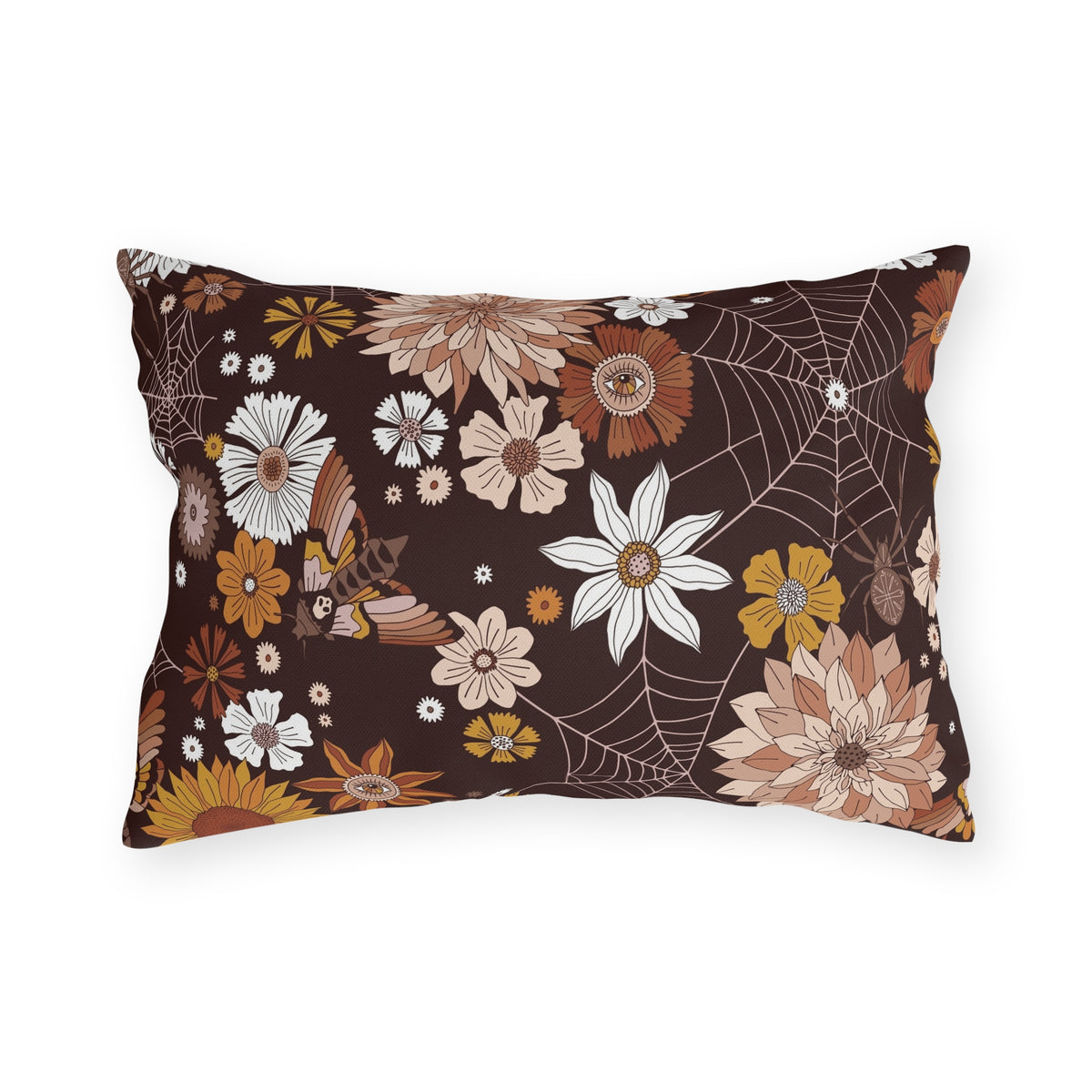 Outdoor Pillow — Brown Floral & Spiderweb Fall Decorative Cushion