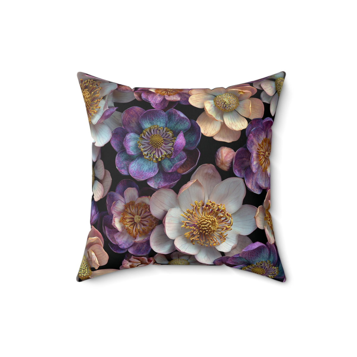 Square floral cushion, close front view, purple and white blooms with gold centers