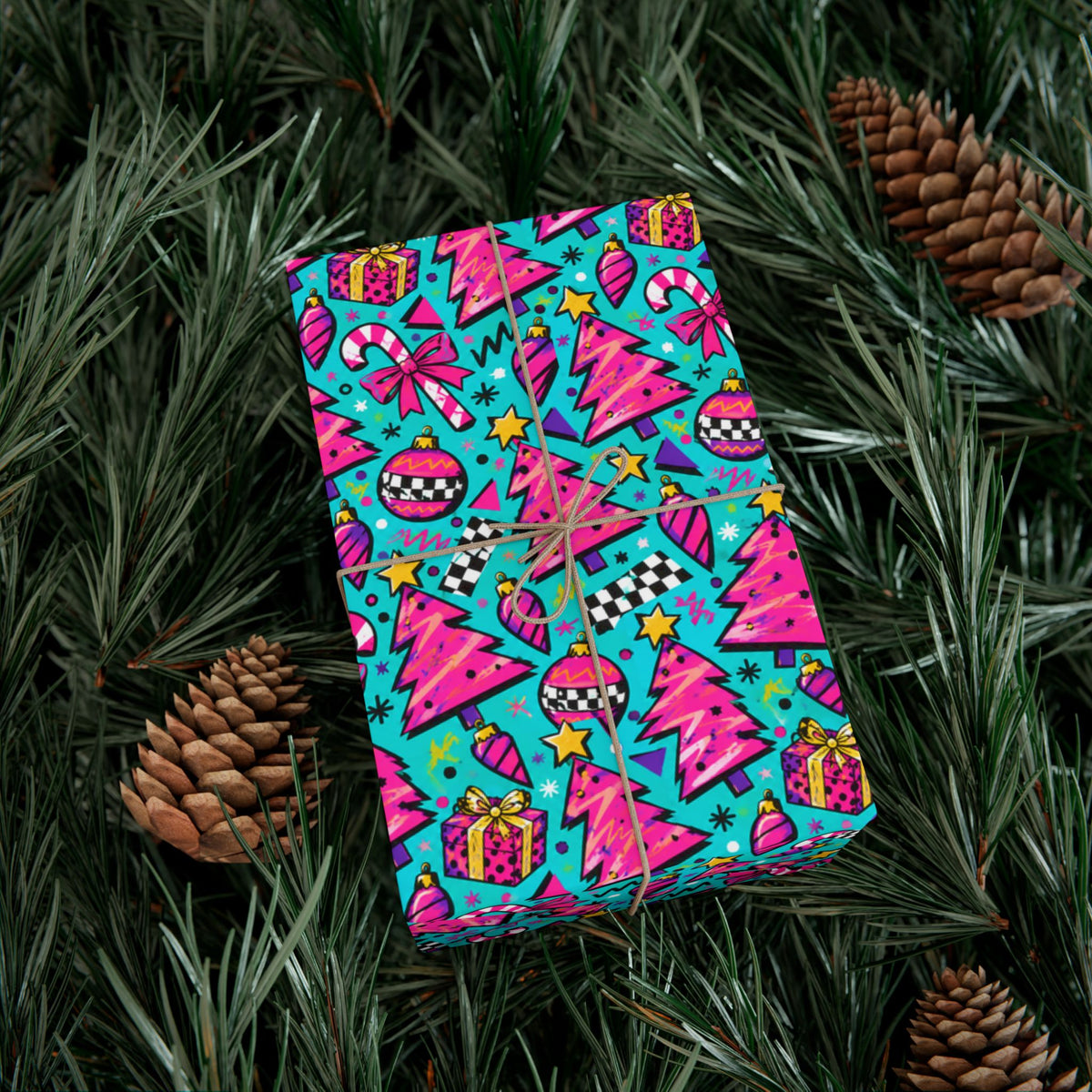 Christmas gift wrap paper, colorful holiday pattern with presents, bows, and candy canes