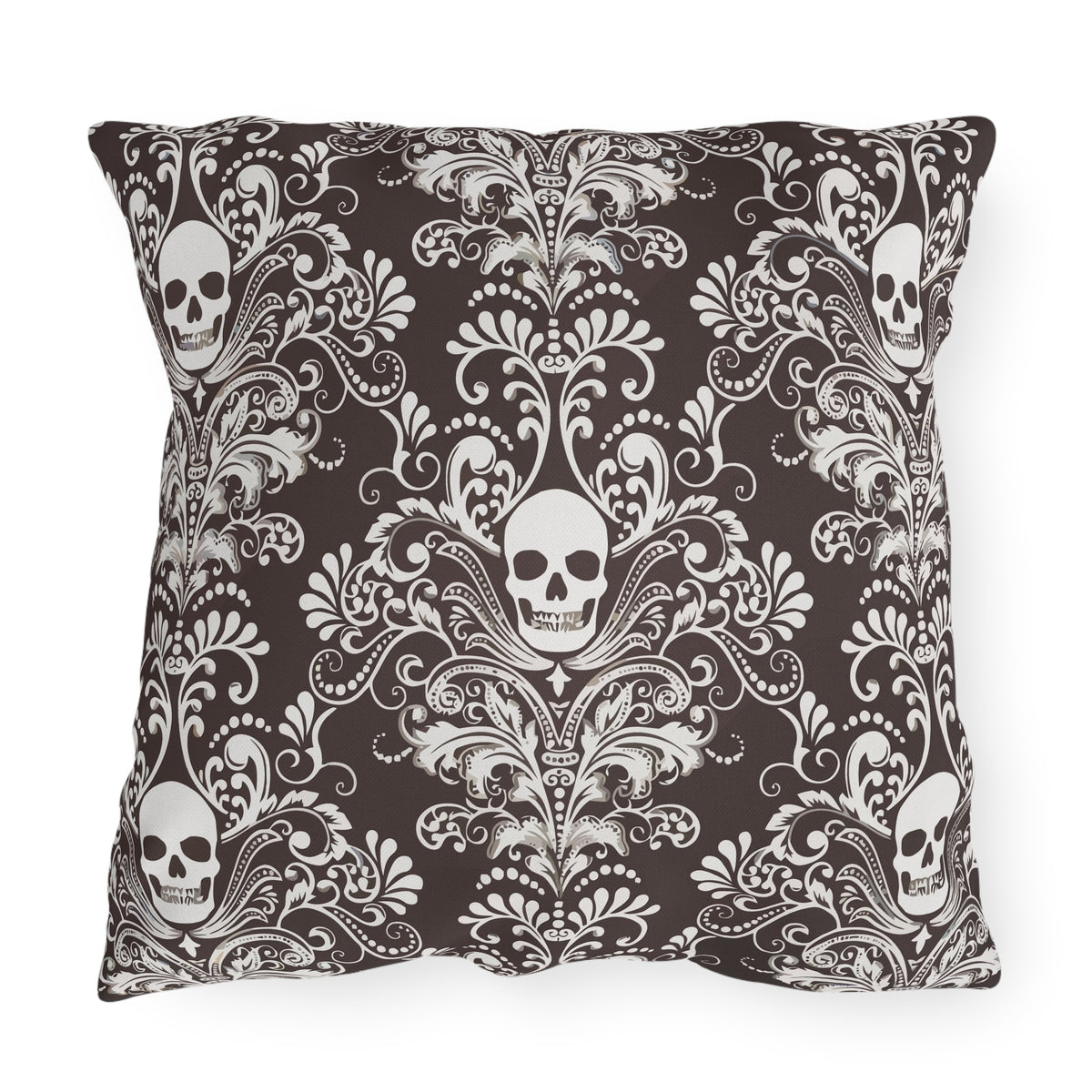 Brown Skull Damask Outdoor Pillows | Gothic Pattern Throw Pillow