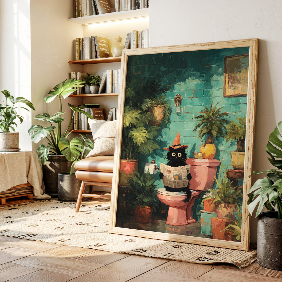 Framed cat reading newspaper illustration displayed on a rug near potted greenery
