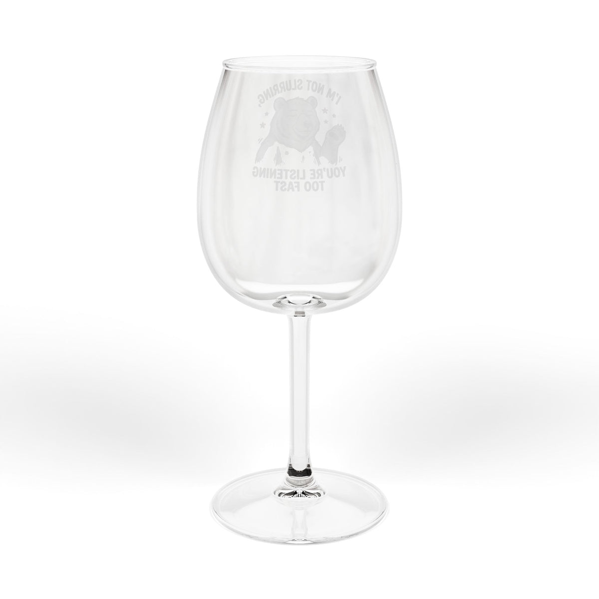 Clear wine glass with faint back print featuring a bulldog silhouette and text