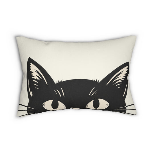 Black cat face graphic lumbar throw pillow, white cover with large black eyes