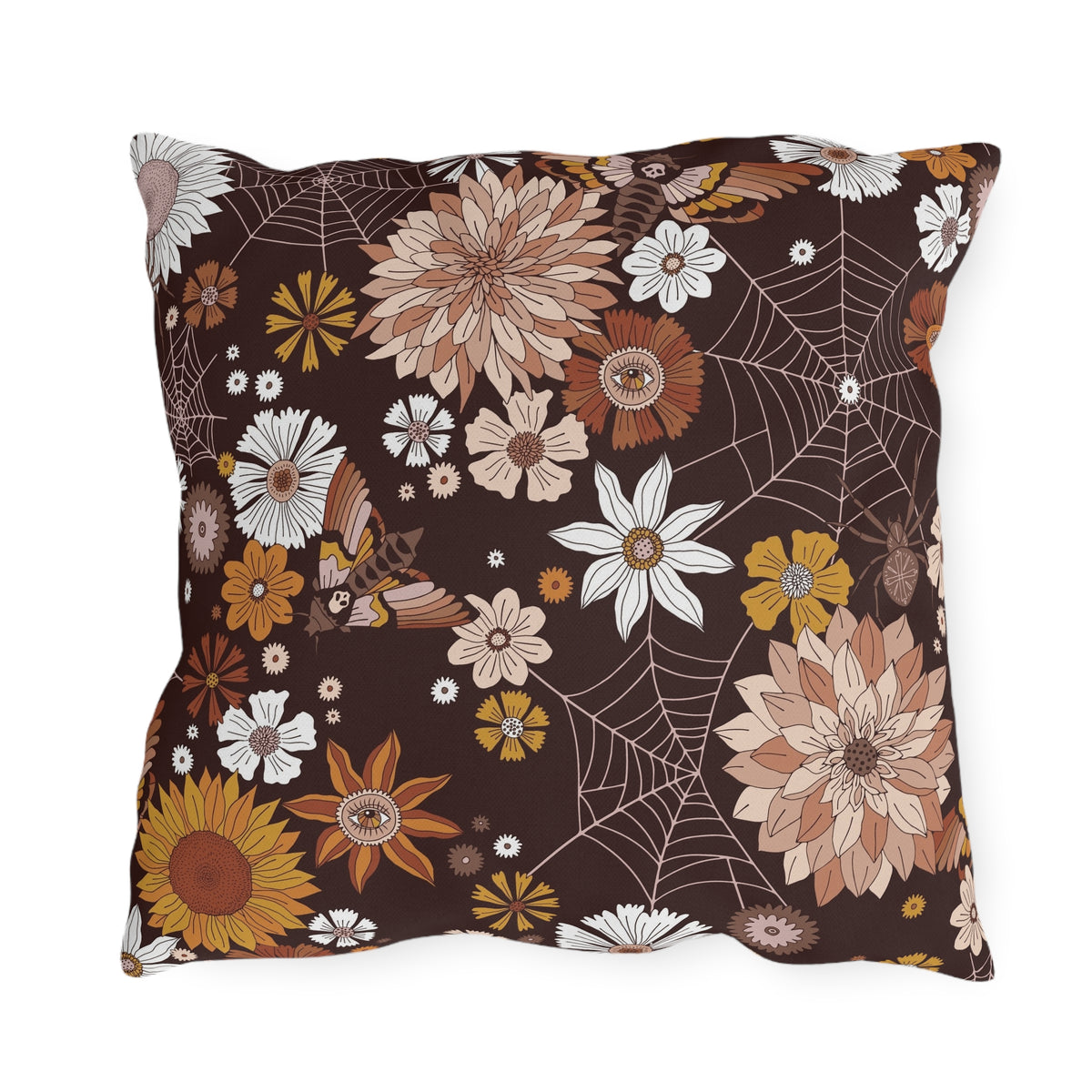 Outdoor Pillow — Brown Floral & Spiderweb Fall Decorative Cushion
