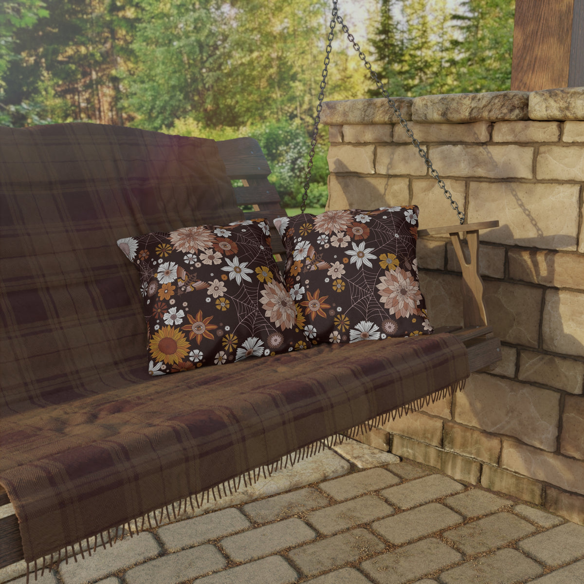 Outdoor Pillow — Brown Floral & Spiderweb Fall Decorative Cushion