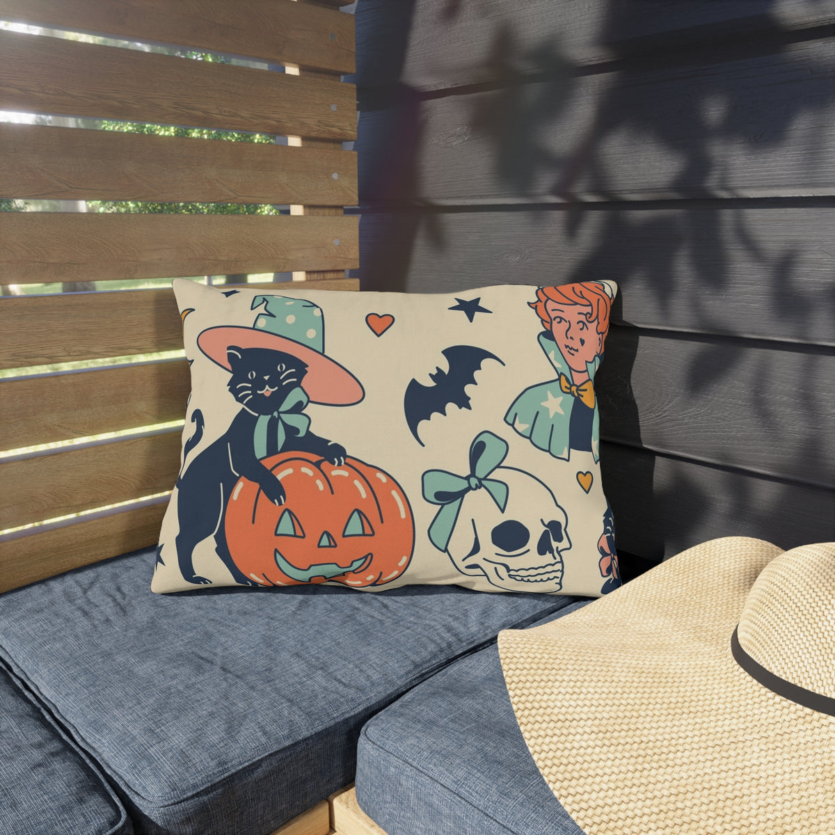 Vintage Halloween Witch Cats Outdoor Pillow | Pumpkin Skull Bat Pattern
