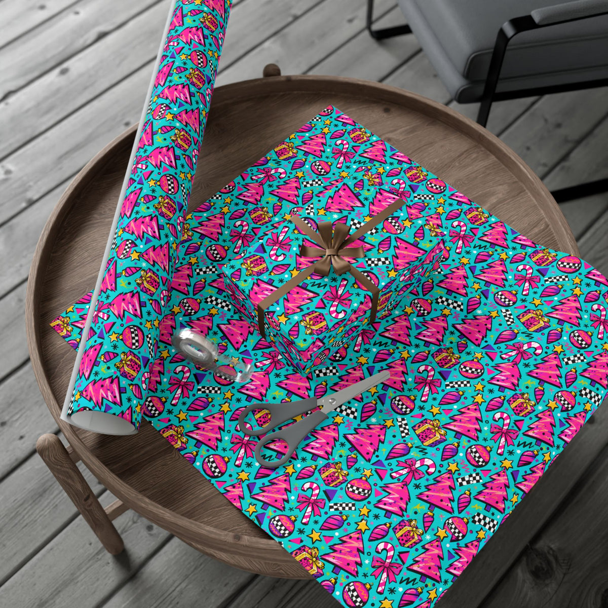 Christmas gift wrap paper sheet with bright gift-and-star pattern on round tray