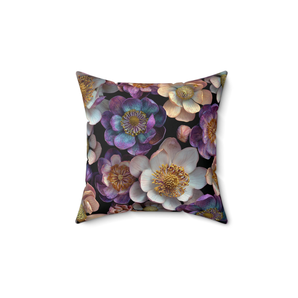 Square floral cushion, centered design with purple and white blooms and gold accents