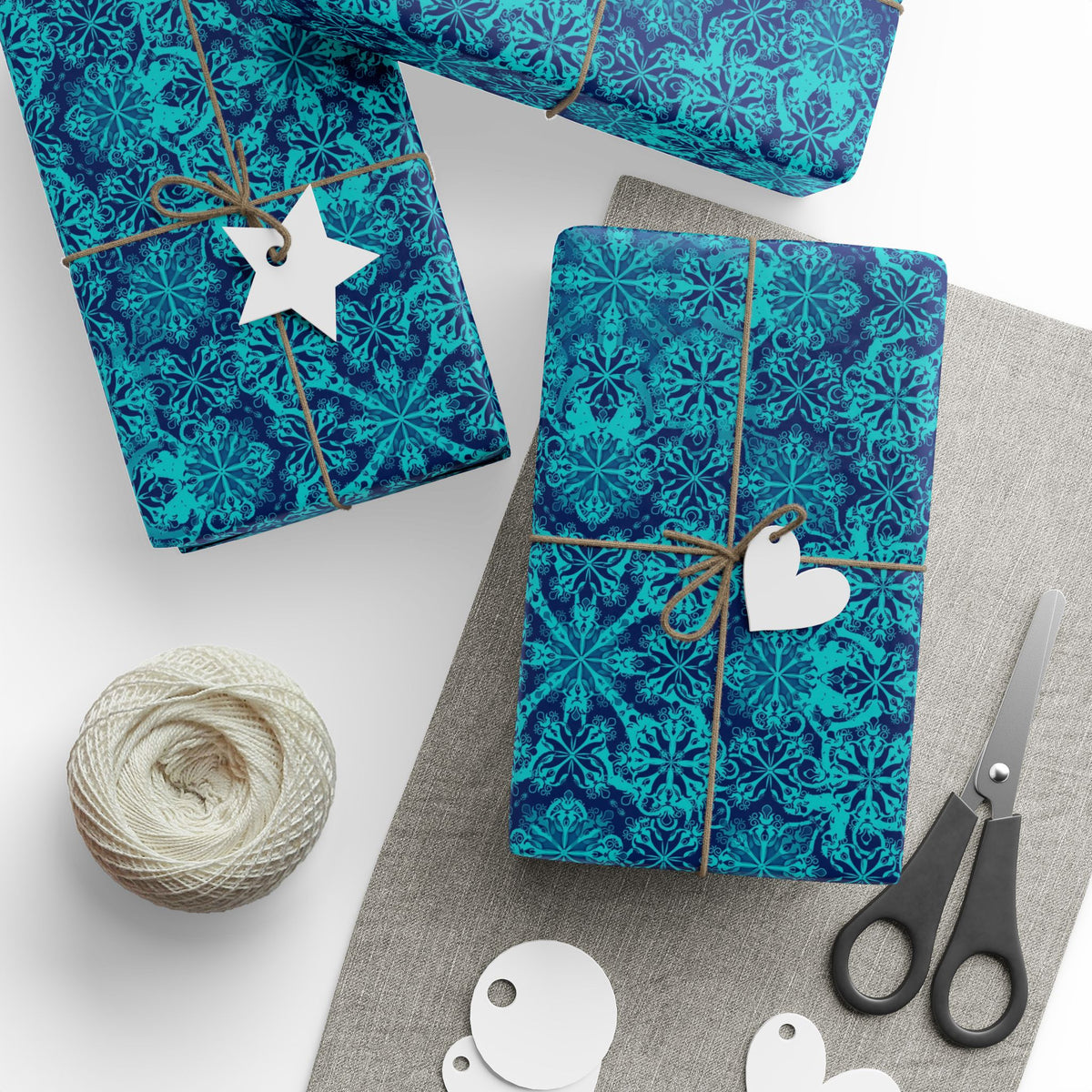 Teal Moroccan tile wrapping paper squares with star tag and heart tag, includes twine and scissors