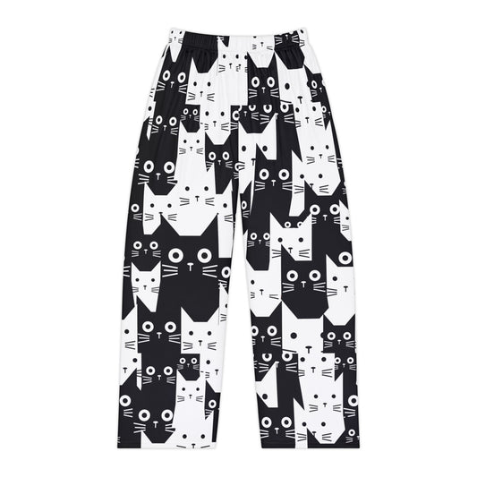Fun Black and White Cat Print Women's Pajama Pants, Cute Sleepwear