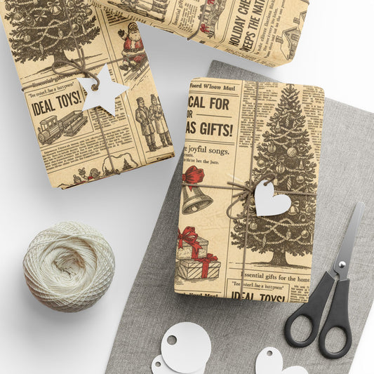 Holiday wrapping paper sheets with tree illustrations and small gift-related text blocks