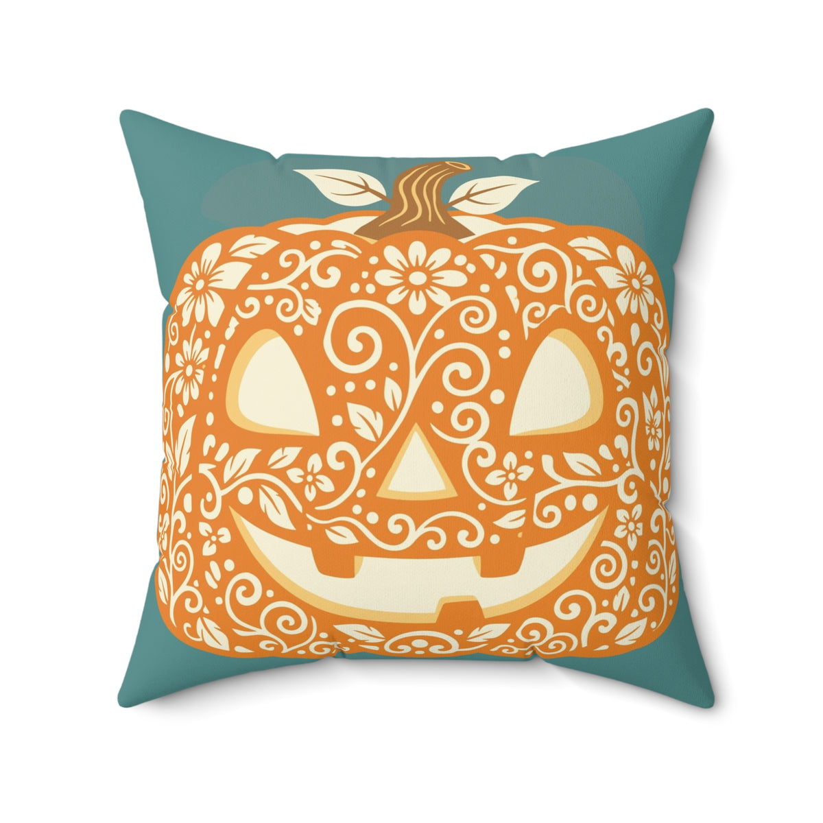 Floral Sugar Skull Pumpkin Pillow | Square Decorative Halloween Pillow