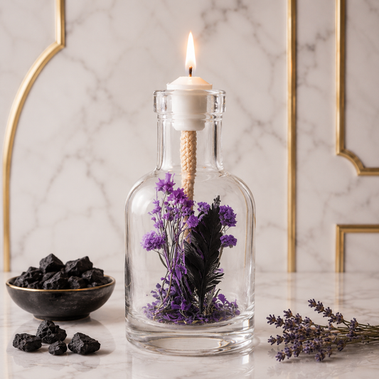 Glass oil candle in clear bottle with lit wick and purple dried flowers