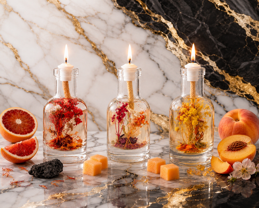 Three botanical oil candles in clear glass bottles with visible dried flowers and wicks