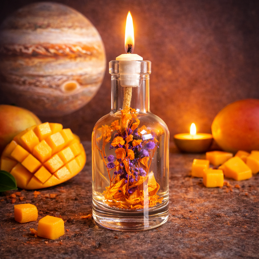 Oil candle in clear glass bottle with dried botanicals and lit wick flame