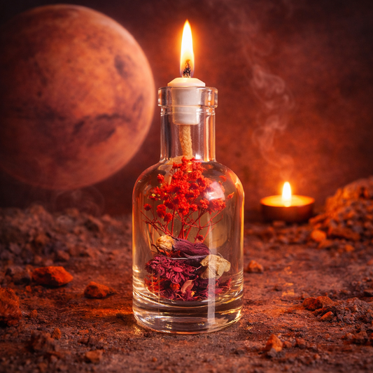 Glass oil candle bottle with burning wick, decorated with dried flowers inside